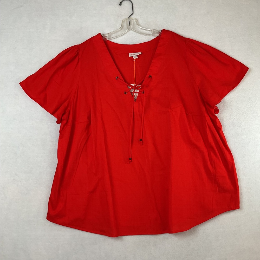 Knox Rose Red Lace Up V-Neck Cotton Blouse Short Sleeve Plus Size 2X NEW